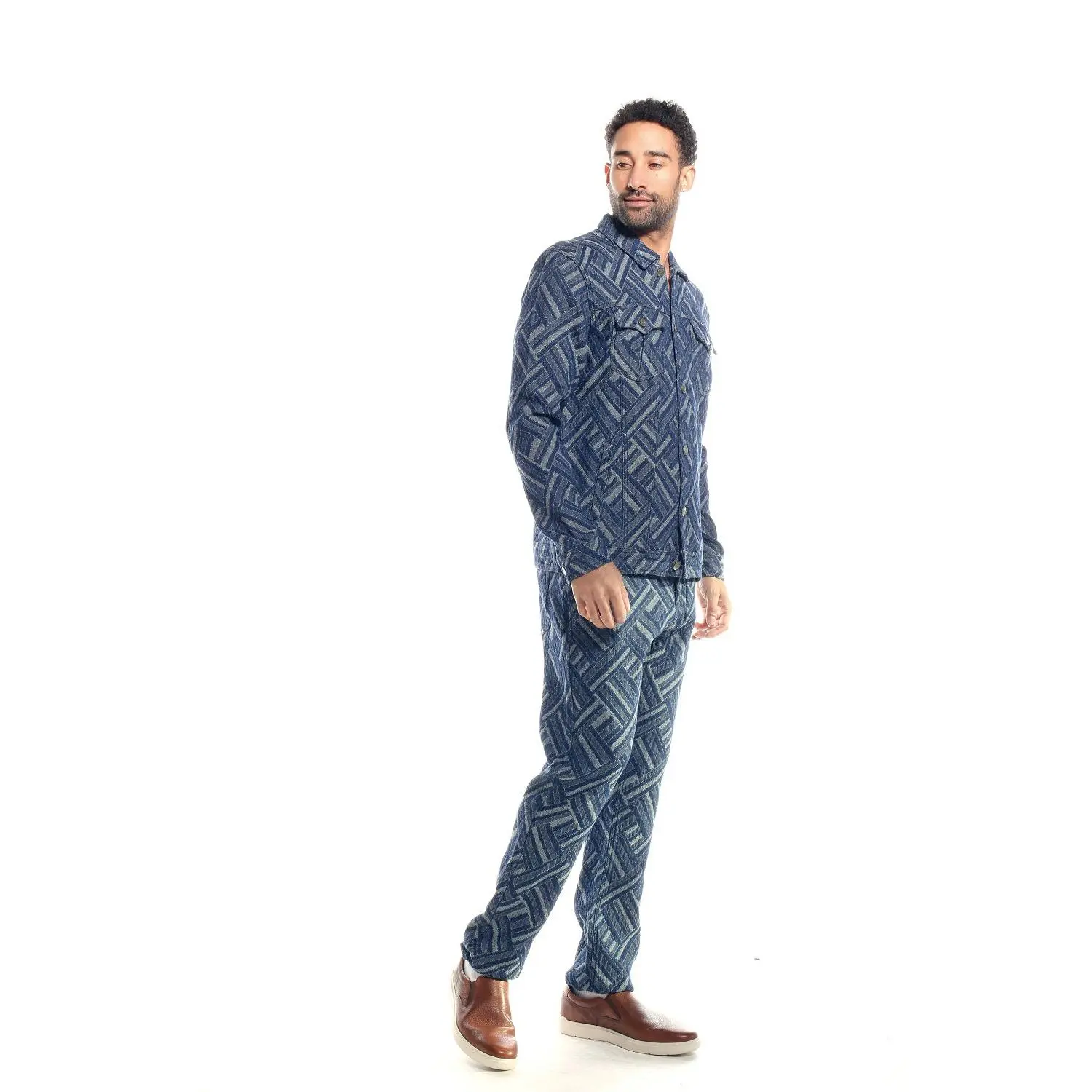 Indigo Full Patterned Denim Jacket and Pants Set 1594