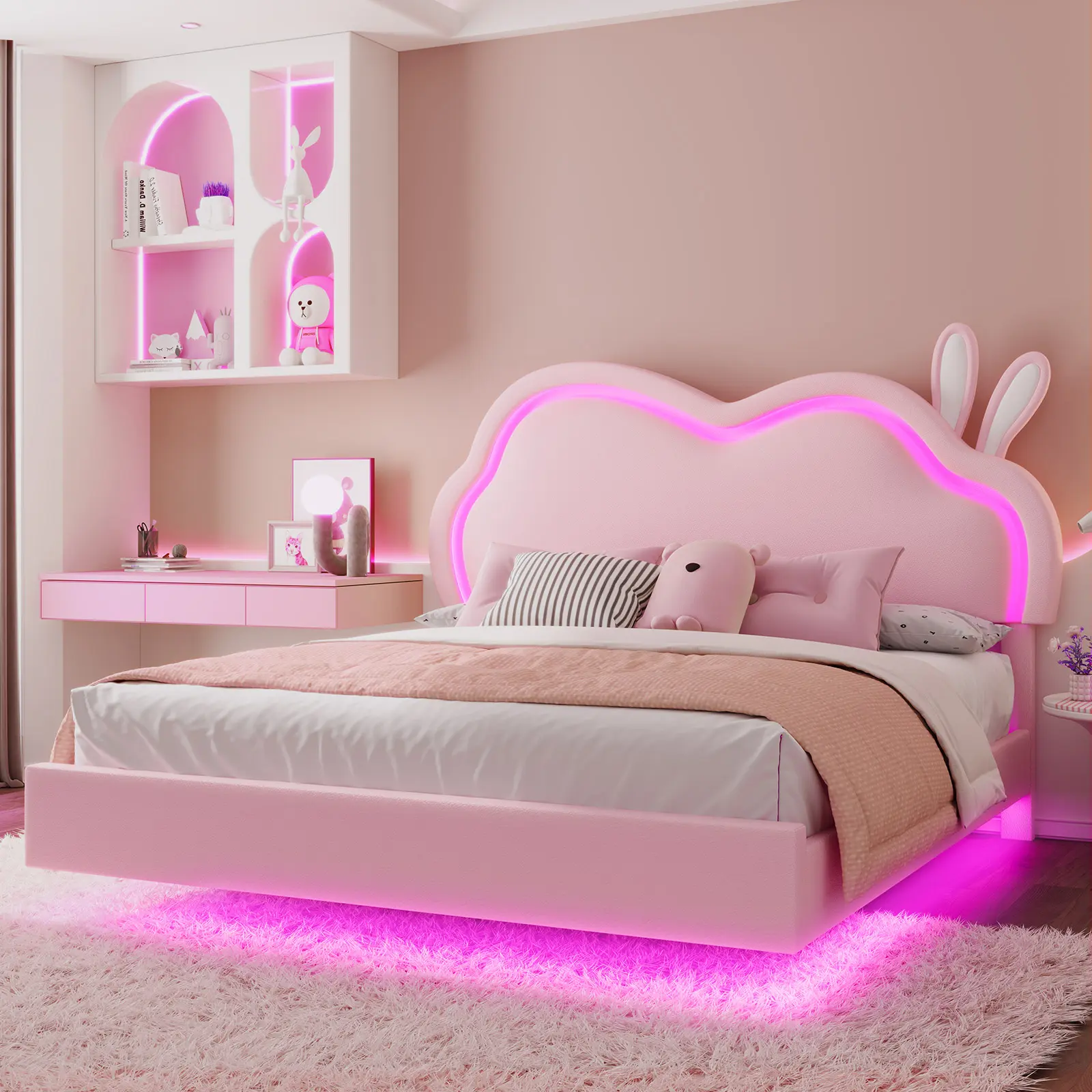 [SummerWins] [SummerFinds] ALBOTT Floating Full Size Bed Frame, Leather Upholstered Child Design Platform Bed with Adjustable RGB LED Cloud-Shaped Headboard, Wood Slats Support, No Box Spring Needed, Child Design Beds