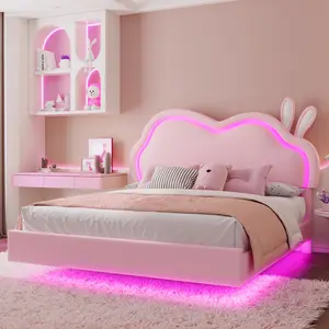 [Summervibes] [Memorialday] ALBOTT Floating Bed Frame with Adjustable RGB LED Headboard, Leather Upholstered Platform Bed for Kids/Girls, Wood Slats Support, No Box Spring Needed