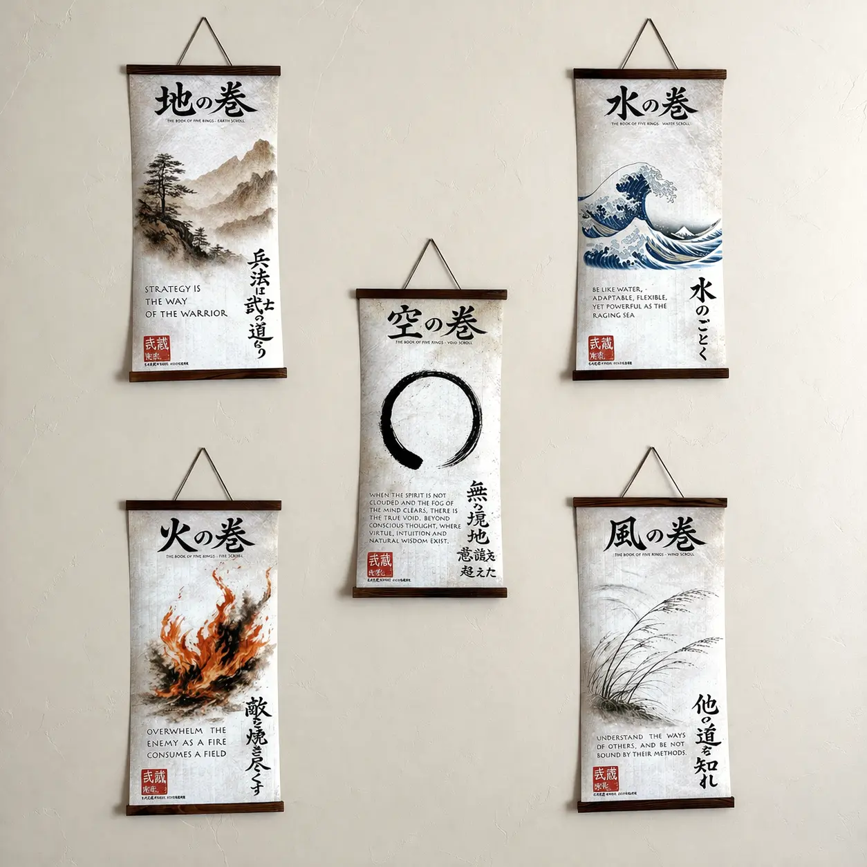 Miyamoto Musashi Five Rings Scroll Set of 5 Canvas Wall Dojo Art Hanging Scrolls, Samurai Philosophy Decor, Japanese Zen Art, Ready to Hang