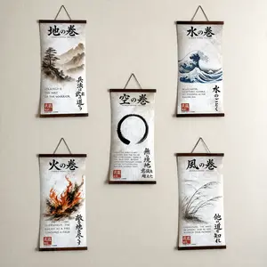 Miyamoto Musashi Five Rings Scroll Set of 5 Canvas Wall Dojo Art Hanging Scrolls, Samurai Philosophy Decor, Japanese Zen Art, Ready to Hang