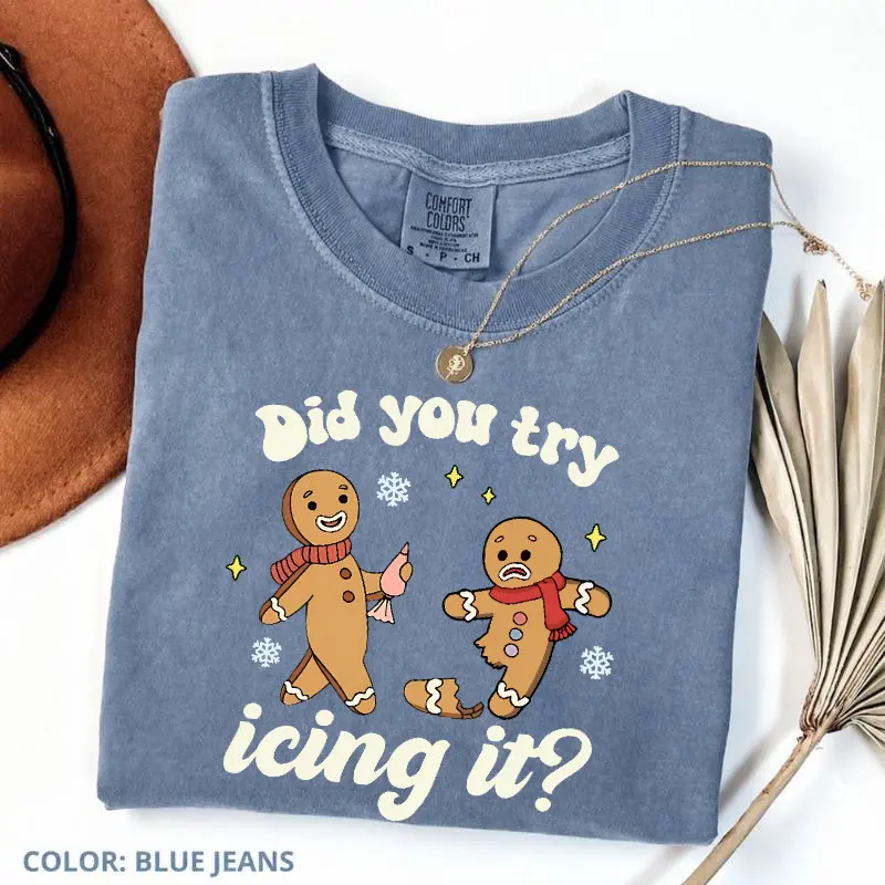 Comfort Colors Try Icing It Christmas Shirt, Funny Gingerbread Graphic Tee, Athletic Trainer Xmas Gift