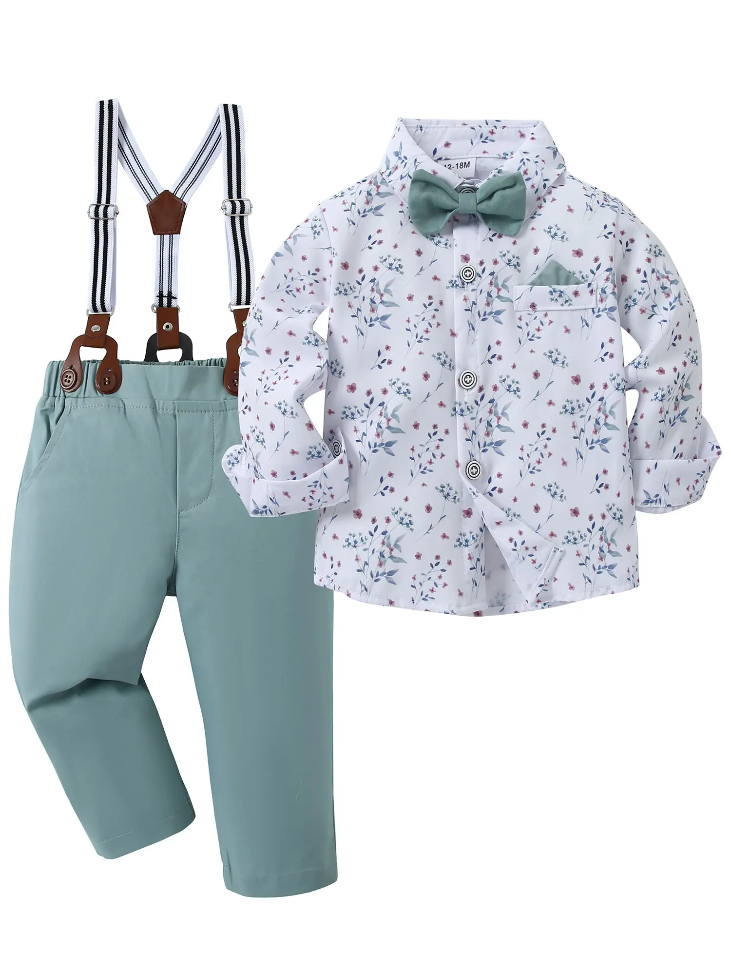 Boys Formal Suit Set - Baby Boy Gentleman Tuxedo, 1-5T Long Sleeve Breathable Soft Cotton Dress Shirt, Bowtie, Suspender Pants with Elastane, Modest Athletic Formal Clothing for Wedding, Pageant Events, Colorblock, Fitted, Baptism, Toddler Tuxedo, Plain,,