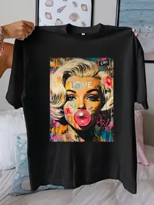 Graffiti Art Marilyn Monroe T-shirt Women's Pink Bubble Gum Print Casual Top