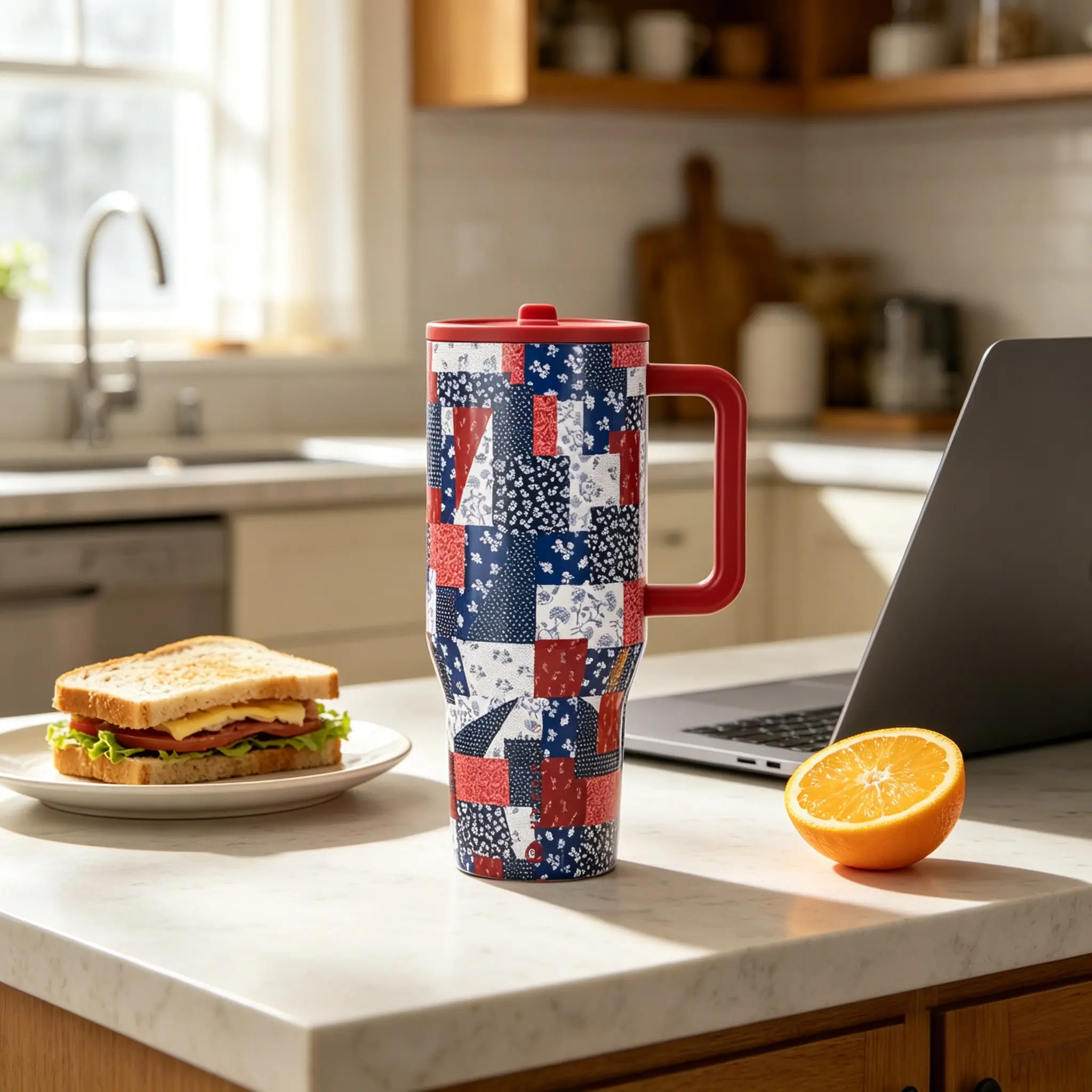 HydroJug 40oz Red Blue Patchwork Floral Handle Tumbler, Retro Country Style Large Capacity Leak-Proof Insulated Cup for Car, Commute & Outdoor Use