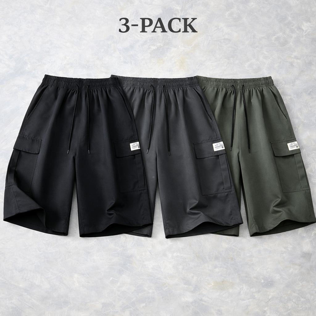 5-pack men’s cargo shorts for summer—loose fit with elastic waistband and drawstring, large side pockets and patch details, windproof breathable fabric, made from wear-resistant material; ideal for casual summer outdoor wear and a wardrobe essential for s
