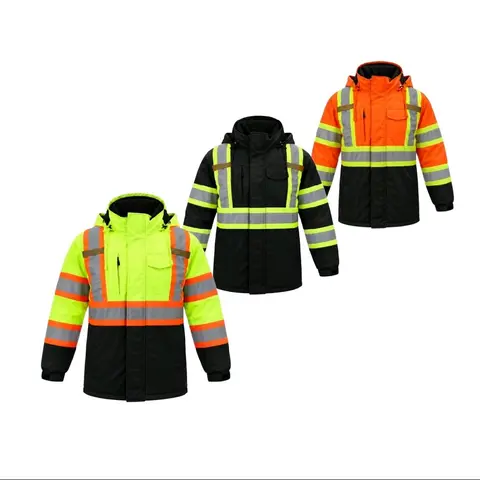 Men's High Visibility Durable Polyester Long Sleeve Button Parka Workwear Uniform - Removable Hood (Hood On or Off), Reflective Feature, Waterproof Protective Safety Equipment for Outdoor Work