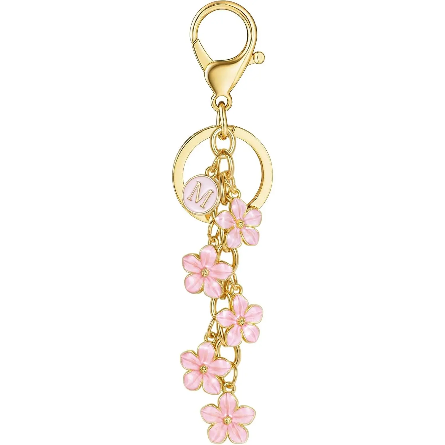 White Pink Black Cute Initial Letter Keychain for Women, Flower Bag Charms Enamel Keyring for Handbag Backpack