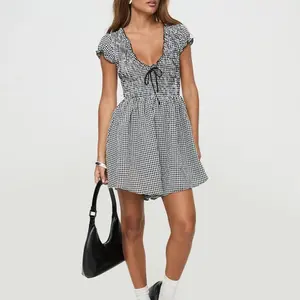 Gingham Romper Black & White Tall V-Neck Plunge Neckline Shirred Zip Back Puff Sleeves Non-Stretch Unlined Cold Wash
