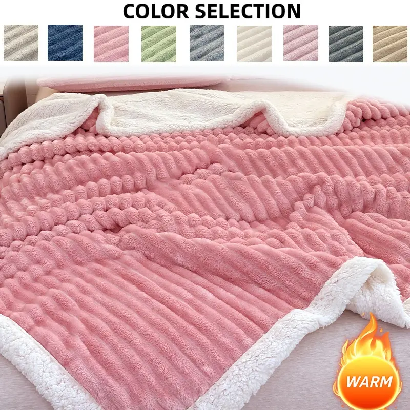Plush Soft Lamb Fur Blanket, King Queen Size, Reversible Double Layer Striped, No Shedding, Perfect for Nap Blanket, Thick Warm Blanket, Reversible Fluffy Blanket, Cozy Blankets, Fuzzy Blanket, Blanket Gifts