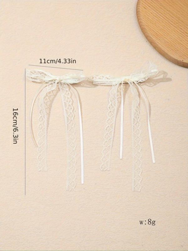 Lace Hair Bow with Long Tail Coquette Bows - Elegant White Ribbon Hair Accessory Hair Ribbons for Women (A Pair)