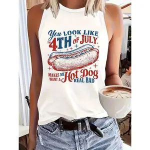 Ladies' Patriotic Tank Top for July 4Th with a Humorous Slogan - "You Look Like July 4Th" Featuring a Hot Dog Design, Machine Washable, Round Neck Summer Casual Wear, Perfect for Barbecues And Outdoor