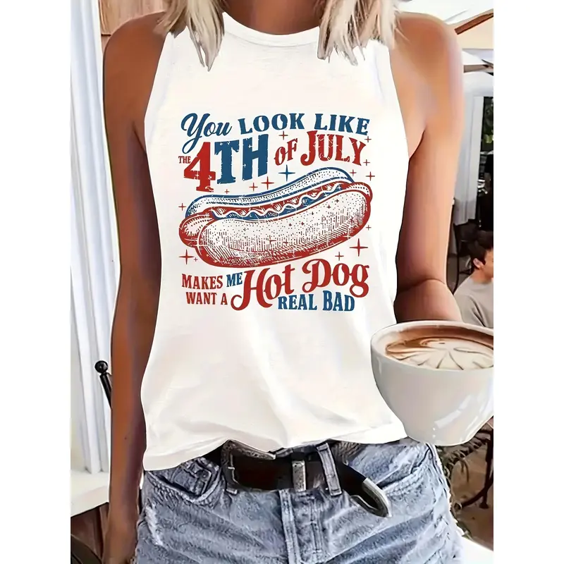 Women's Patriotic Polyester-Spandex-Elastane Tank Top - Lady's 4th of July Holiday Fashion, Humorous "You Look Like July 4th" Slogan, Hot Dog Print, Round Neck, Sleeveless, Machine Washable, Breathable, Athletic Summer Casual Wear, Ideal for Barbecues, So