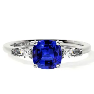 Three Stone Ring Square Cushion Untreated Blue Sapphire with Bar Set Tapered Baguette Side Diamonds (1.30cttw)- RBS017-6X6-AAAAA