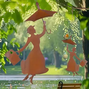 Elegant Woman with Umbrella Iron Rusted Hanging Bird Feeder, Durable Metal Garden Decor, Attracts Various Birds, Ideal for Outdoor Use