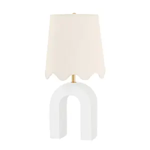Roshani Table Lamp - Unique Matte White Ceramic Shape With Natural Linen Shade And Aged Brass Accents