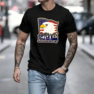 250th Anniversary T-Shirt | Bald Eagle Flag Print, 250th Anniversary Theme Design, Comfortable Pure Cotton Fabric, Retro Street Style Casual Short Sleeve