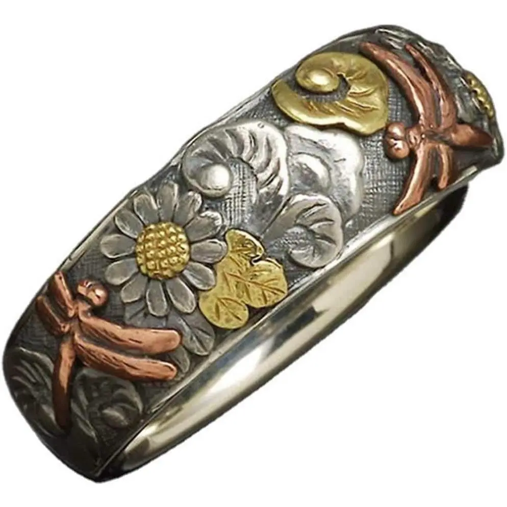Vintage Hammered Dragonfly Lotus Leaf Flower Ring, Wedding Anniversary Jewelry for Women, Couple Gift & Valentine's Day Exquisite Present