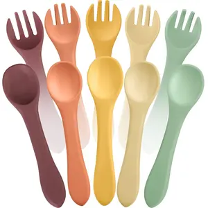 10 Pieces Baby Led Weaning Spoons and Forks Set Infant Silicone First Self Feed Training Utensils for Toddler First Stage Feeding for Kids Over 6 Months 5 Pairs Classic Colors