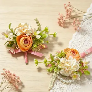 2-Pack Orange Pink Rose Artificial Boutonniere + Wrist Corsage Set, Elegant Wedding Prom Party Floral Accessories for Groom Bride Bridesmaid