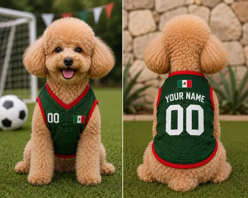 Pet Soccer Mexico Jersey, Team Dog Shirt, Game Day Outfit for Dogs, Football Cat Clothes, Custom Name Number Puppy Football Jersey