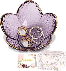 Glass Jewelry Dish Purple Flower Ring Holder Trinket Tray Vanity Organizer Gift for Women