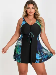 Women's Plus Size Black One Piece Swimsuit - Tropical Leaf Print - Ruched Front - V Neck - Flared Skirt - Removable Cups