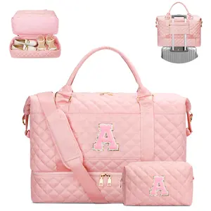 CLOUDWINGS  Lettered diamond pattern design travel bag, casual large-capacity crossbody bag, fashionable portable travel bag, suitable for travel, gym and outing use，Duffel bag with shoe cabinet, women's overnight bag, travel bag with makeup bag carry