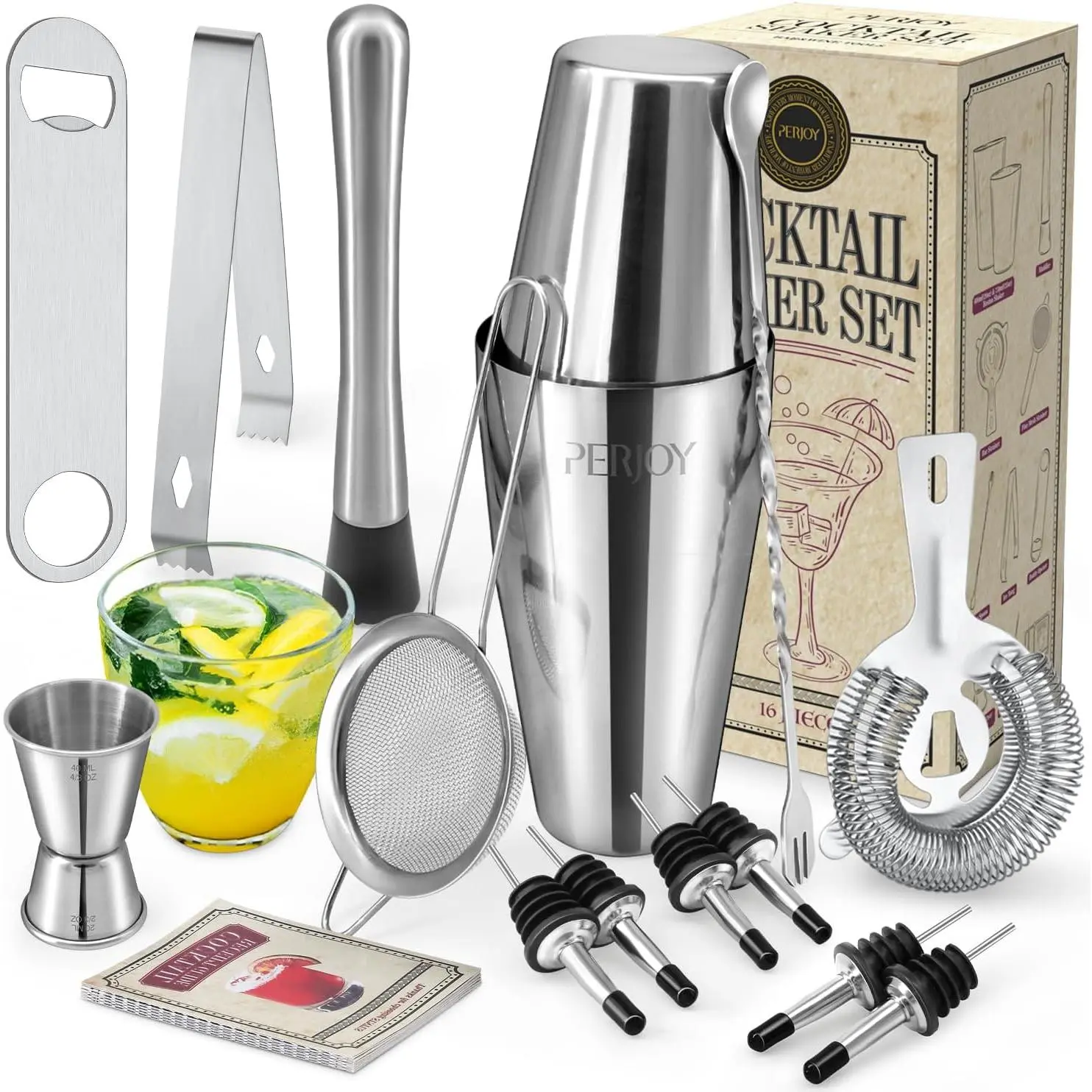 Professional 16-Piece Stainless Steel Bartender Kit - Cocktail Shaker, Drink Mixer Tools, Boston Shaker, Jigger, Muddler for Home Cocktail Making