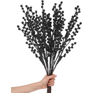 Artificial Black Berry Stems 21.6 Inch Halloween Faux Holly Berry Branches for Christmas Tree  Year Decor DIY Craft(Black Style, 8 count)