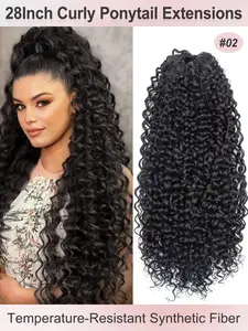 Synthetic Ponytail 28inch Long Curly Wave Drawstring Ponytail Afro Curly Fluffy HairPieces Extension Heat Resistant Clip in Ponytail Wigs For Women Girl Daily Use