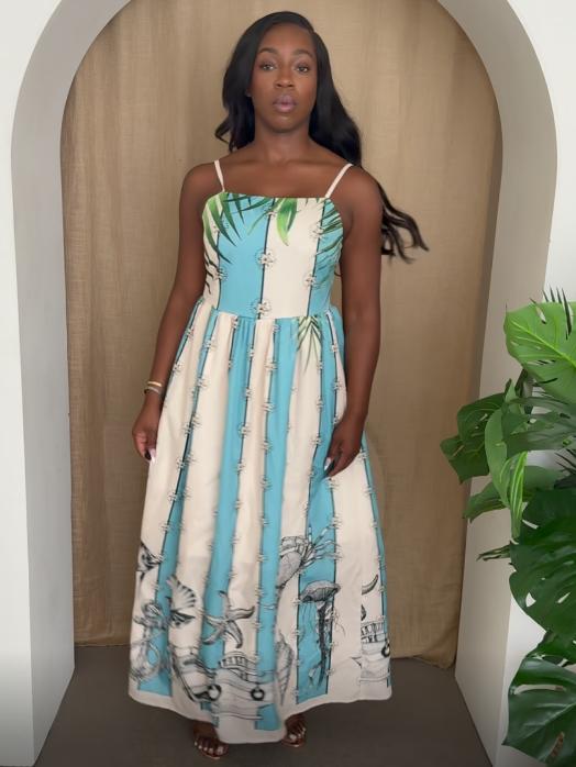 Coastal Serenity Nautical Print Maxi Dress for Timeless Resort Chic - Ocean Inspired Aqua Blue & Cream Stripes, Spaghetti Straps, Full Length Skirt, Casual & Elegant Womenswear