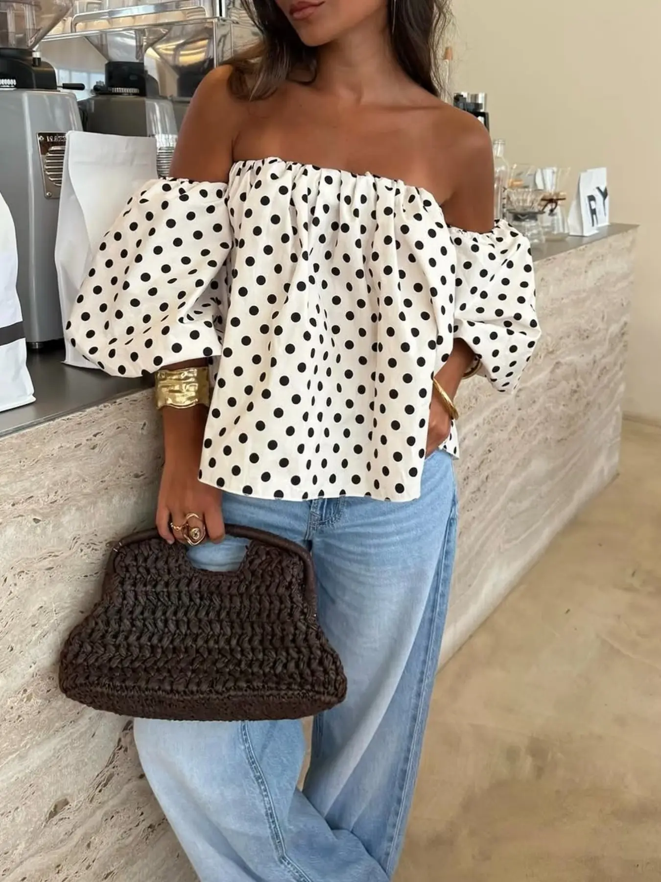 Women's Polka Dot Colorblock Woven Fabric Ruched One-Shoulder Top, Chic Beachwear for Daily Wear, Spring and Summer Fashion