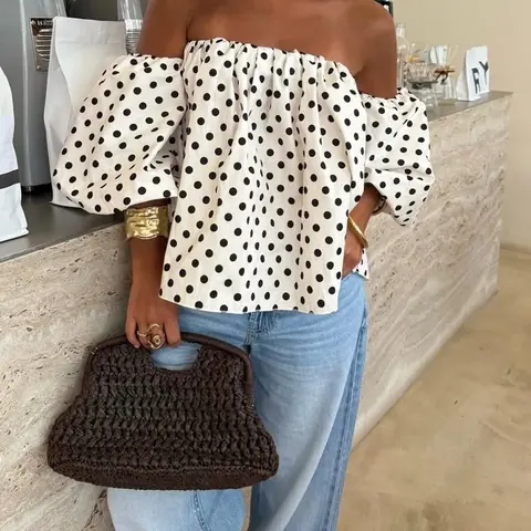 Women's Polka Dot Colorblock Woven Fabric Ruched One-Shoulder Top Shirts Beachwear for Daily Wear, Spring and Summer Fashion