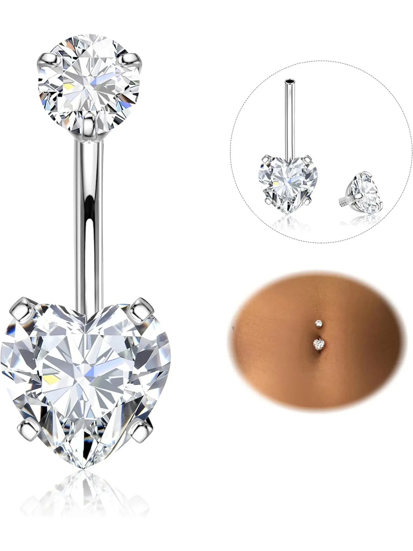 Belly Button Bars 316L Surgical Steel, 14g Hypoallergenic Belly Buttons, Shiny Cz Navel Bars, Belly Button Ring, Belly Button Piercings, Silver Color, All Seasons Jewelry, Body Piercing Jewelry, Body Jewellery