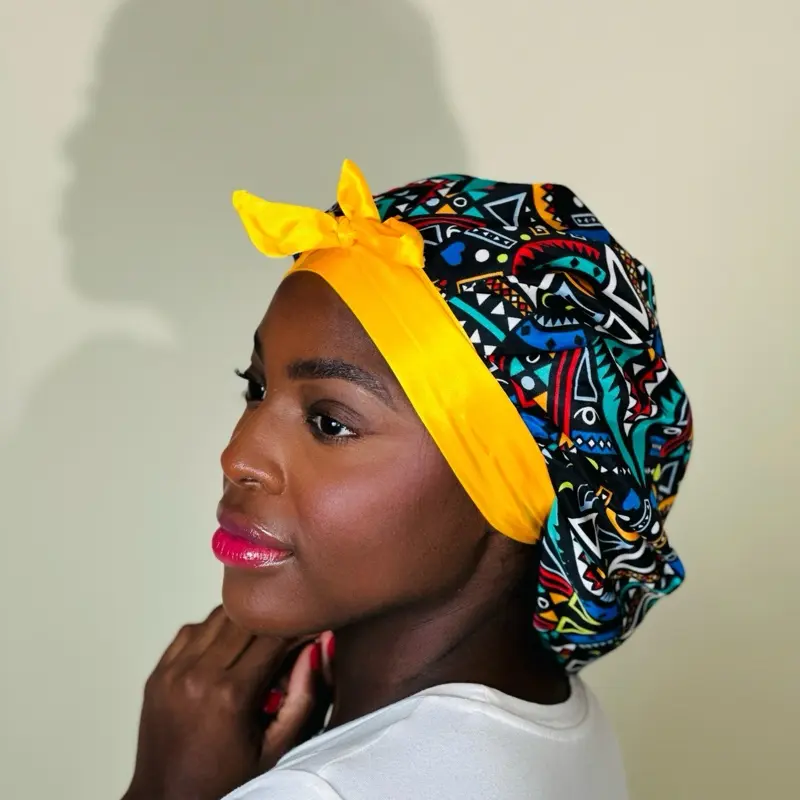 Ankara Satin Bonnet/Scrub Cap for Women - Silk Sleep Bonnet with African Fabric, Ideal for Short/Long Hair, BlackHistory