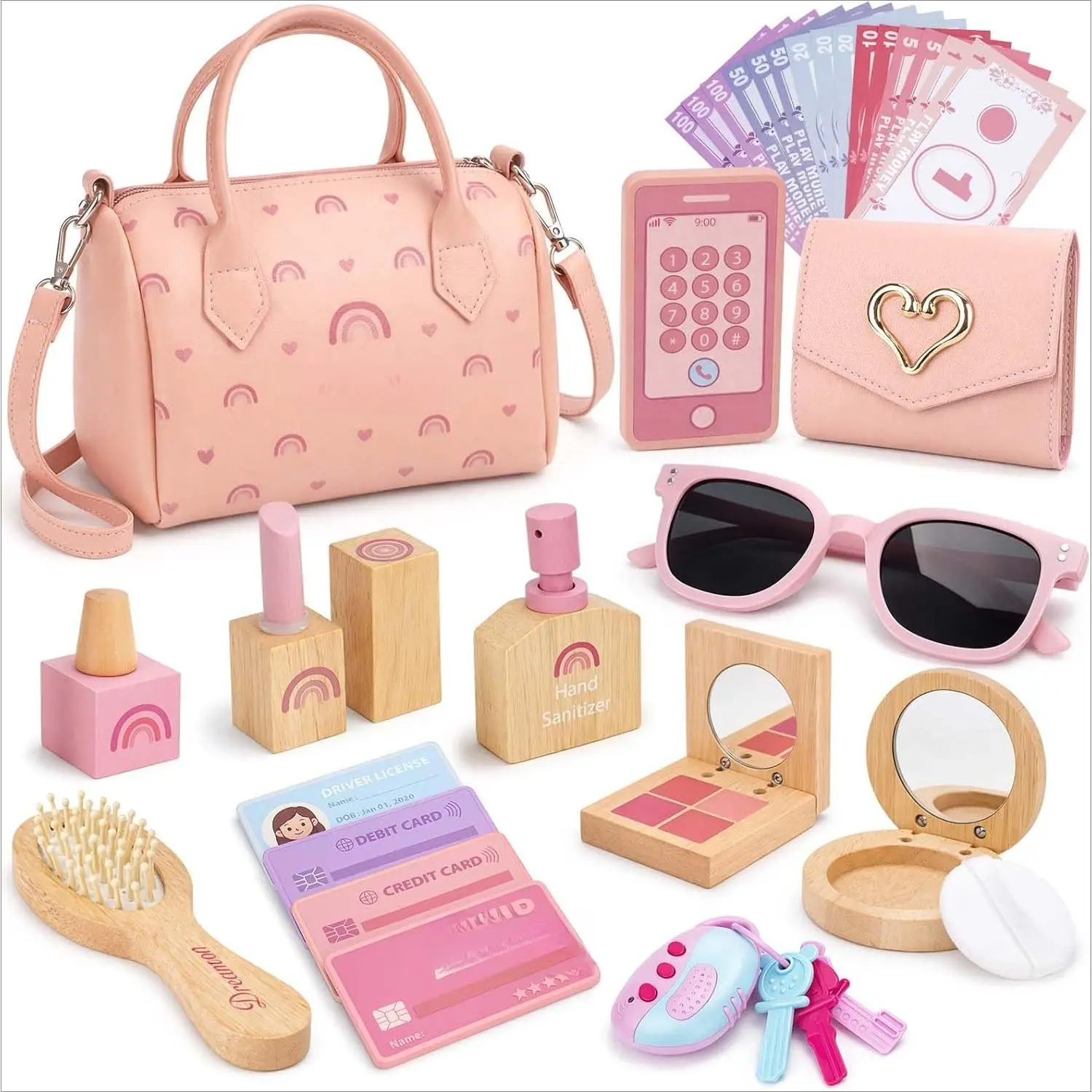 ST-27 Play Purse for Little Girls - 30PCS Toddler Purse with Wooden Pretend Makeup Kit, Handbag, Phone, Wallet, Keys - Princess Pretend Play Toys Birthday Gift for Girls Age 3 4 5 6 + Year Old