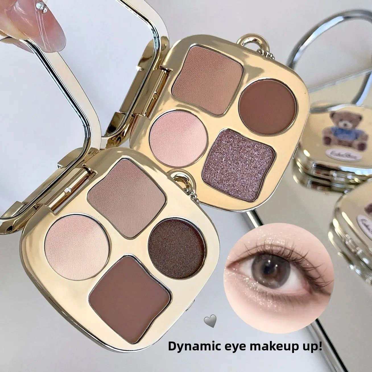 Kakashow Glow & Shadow Bear 4-Color Eyeshadow Palette - Portable Charm Design, Features Easy-Blend, Low-Saturation Shades for a Natural Everyday Aura Look, Glitter Palette, Eyeshadow Makeup Powder