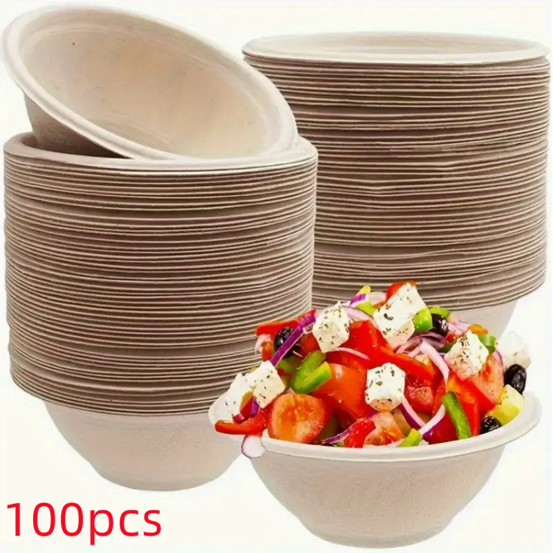 100pcs Disposable Paper Bowls, Leakproof Paper Dish Soup Ice Cream Salad Bowls Party Supplies, Disposable Natural Bowls, Biodegradable Soup Bowls, Eco-Friendly, Heat Resistant, for Ice Cream, Salad, Soup, Snack, Dessert, Pasta