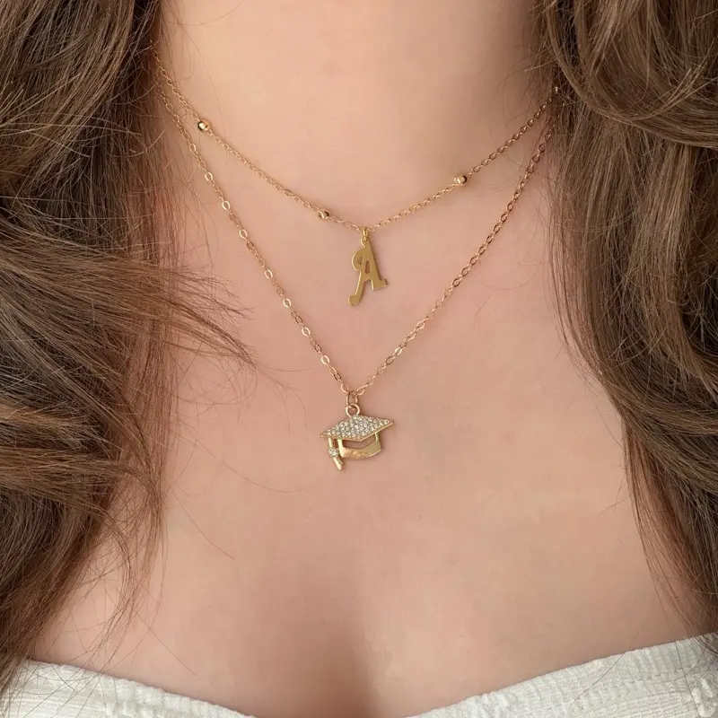 Elegant Simple 18K Gold Plated Initial Copper Necklace With Synthetic Gems, Doctoral Hat Graduation Season Women’s Jewlery