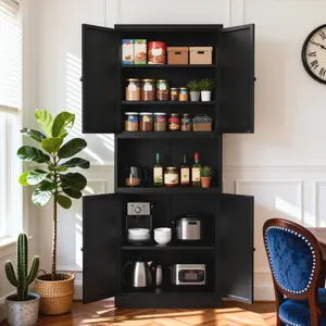 [Bellemave] 72" High Black Steel Kitchen Pantry Storage Cabinet with Large Countertop, Adjustable Shelves and Hooks, Heavy-duty Modern Style Cabinet