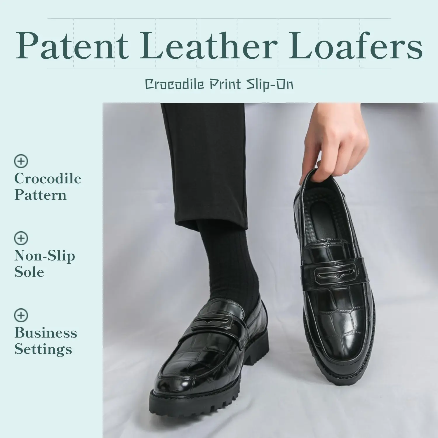 Men's Formal Shoes - Stylish Patent Leather Loafers with Crocodile Print, Chunky Platform Sole, Slip-On Design, Round Toe for Business Events, All Seasons, Animal Print