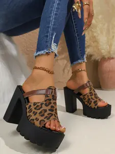 Women's Leopard Print Chunky Heel Sandals, High Heel, Block Heel, Jagged Texture Wild Style, Comfortable Summer Shoes, Fashion Footwear for Daily Wear