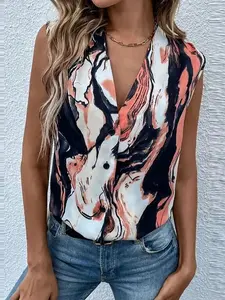 Summer Ootd: Fluid Marble Print Satin Sleeveless V-Neck Blouse, Casual Fitted Short Blouse for Beach & Office, All Seasons Wear, Womenswear Shirts Top