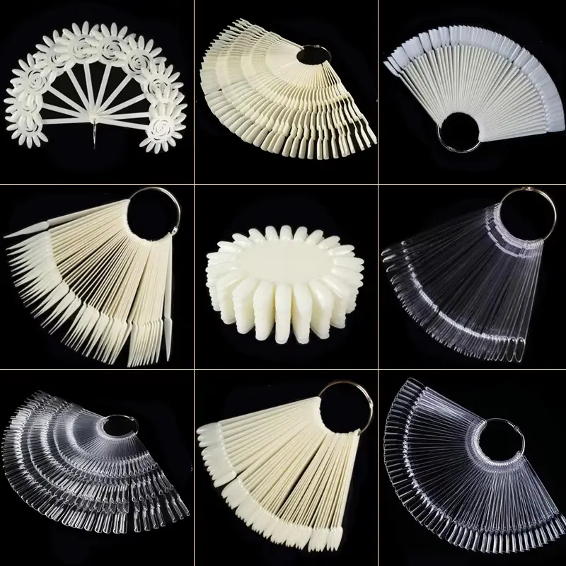 1 Set of Fake Nails with Clear Natural Black Nail Art Display Samples, Oval and Fan-Shaped Nail Samples, Polish Station Tips, Practice Nail Art Tools