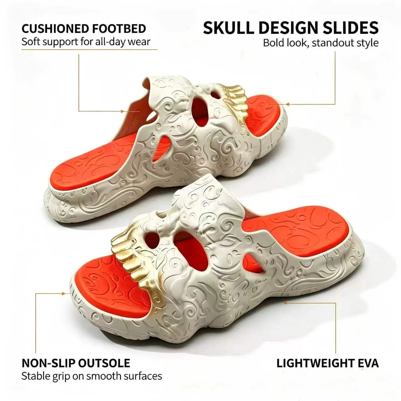 Gothic Skull Slides for Women and Men, EVA Platform Slippers with 3D Gold Teeth, Lightweight Non-Slip Indoor Outdoor Shoes for Halloween Party