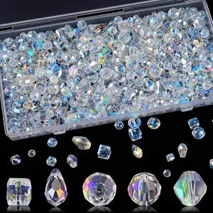 600 Pcs Crystal Glass Beads for Jewelry Making, Crystal Beads with Box, Assorted Bicone, Rondelle, Cube, Teardrop & Spacer Beads for DIY Crafts Bracelets, Necklaces, Earrings, 4/6/8mm, AB Color