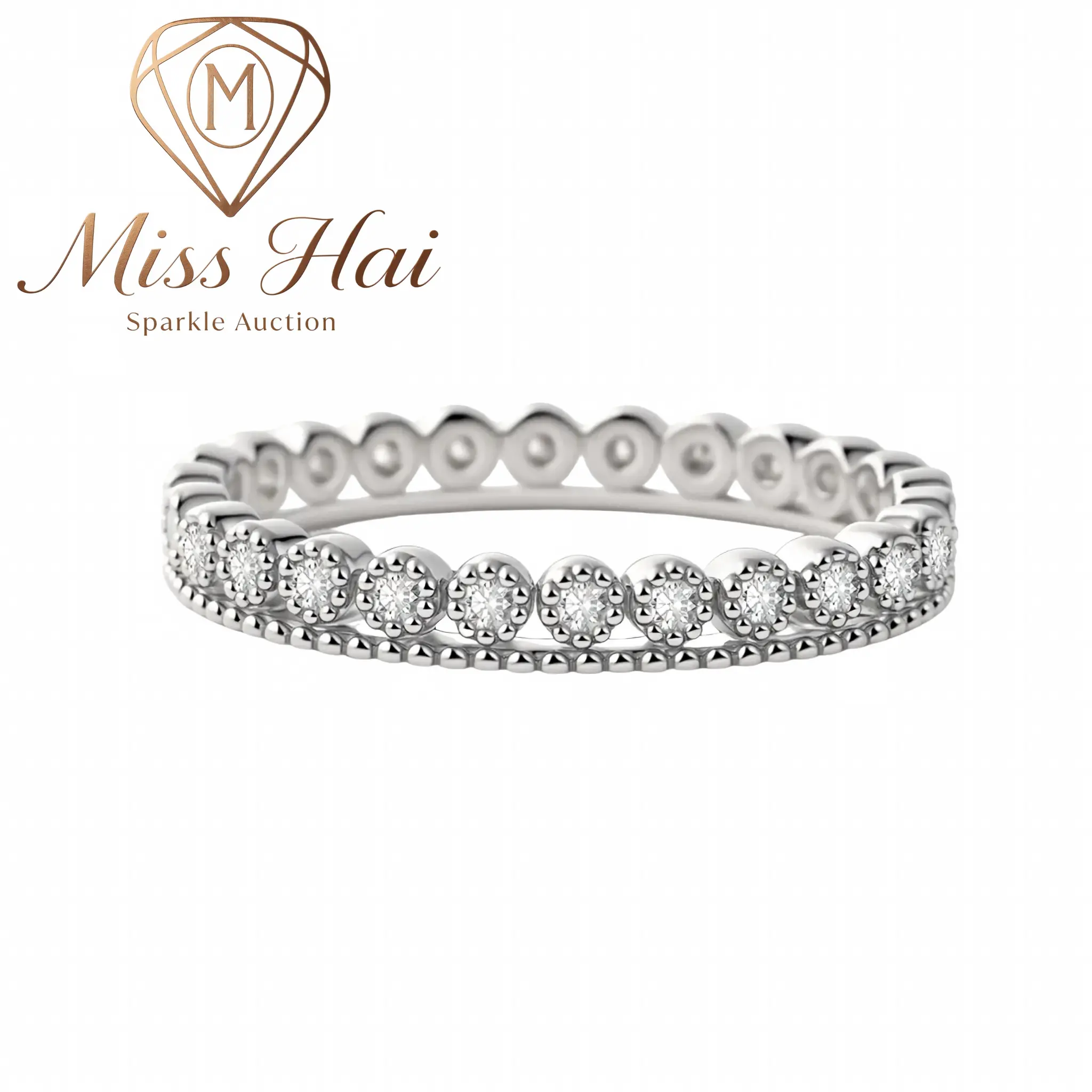 MISS HAI VVS Synthetic Moissanite Morning Dewdrop Vintage Double‑Row Eternity Wedding Band Duchess Cut Stackable Solitaire Ring 14K Gold‑Plated Copper Band Jewelry for Birthday Engagement Wedding Anniversary Christmas Valentine's Day Gift