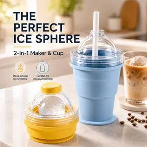 2-in-1 Sphere Ice Mold Cup, Portable Ice Ball Maker, Make Perfect Round Ice Cubes for Whiskey, Cocktails & Cold Drinks