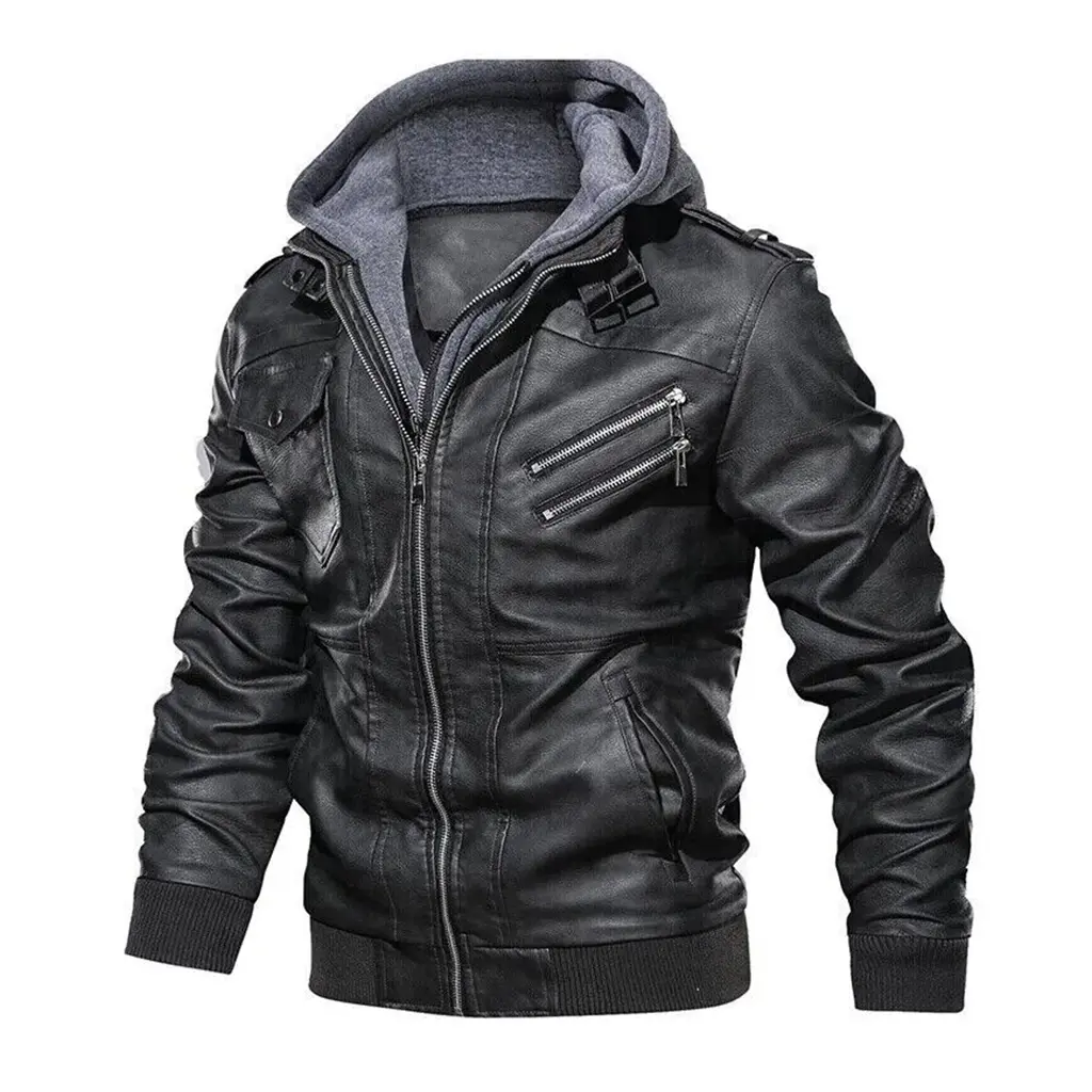 Men's Black Genuine Leather Hooded Jacket Motorcycle Biker Style Zip-Up Winter Coat